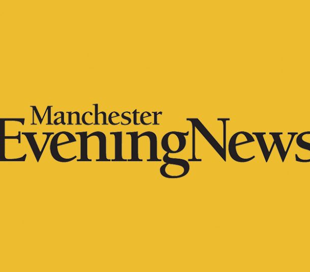 the black logo of Manchester Evening News on the yellow background