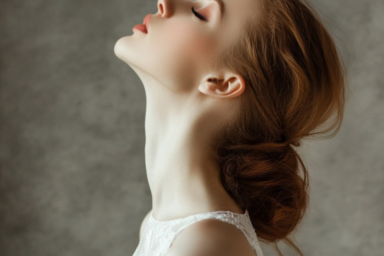 Woman looking at the ceiling and making a kissing motion