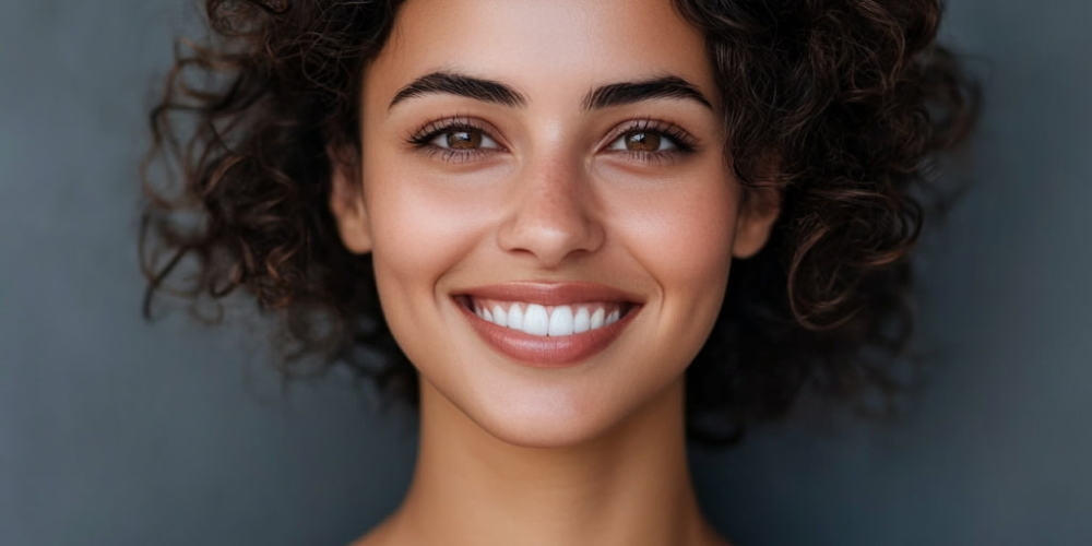 Portrait of a smiling woman with short, dark curly hair and natural makeup against a soft gray background.