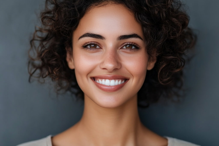 Portrait of a smiling woman with short, dark curly hair and natural makeup against a soft gray background.