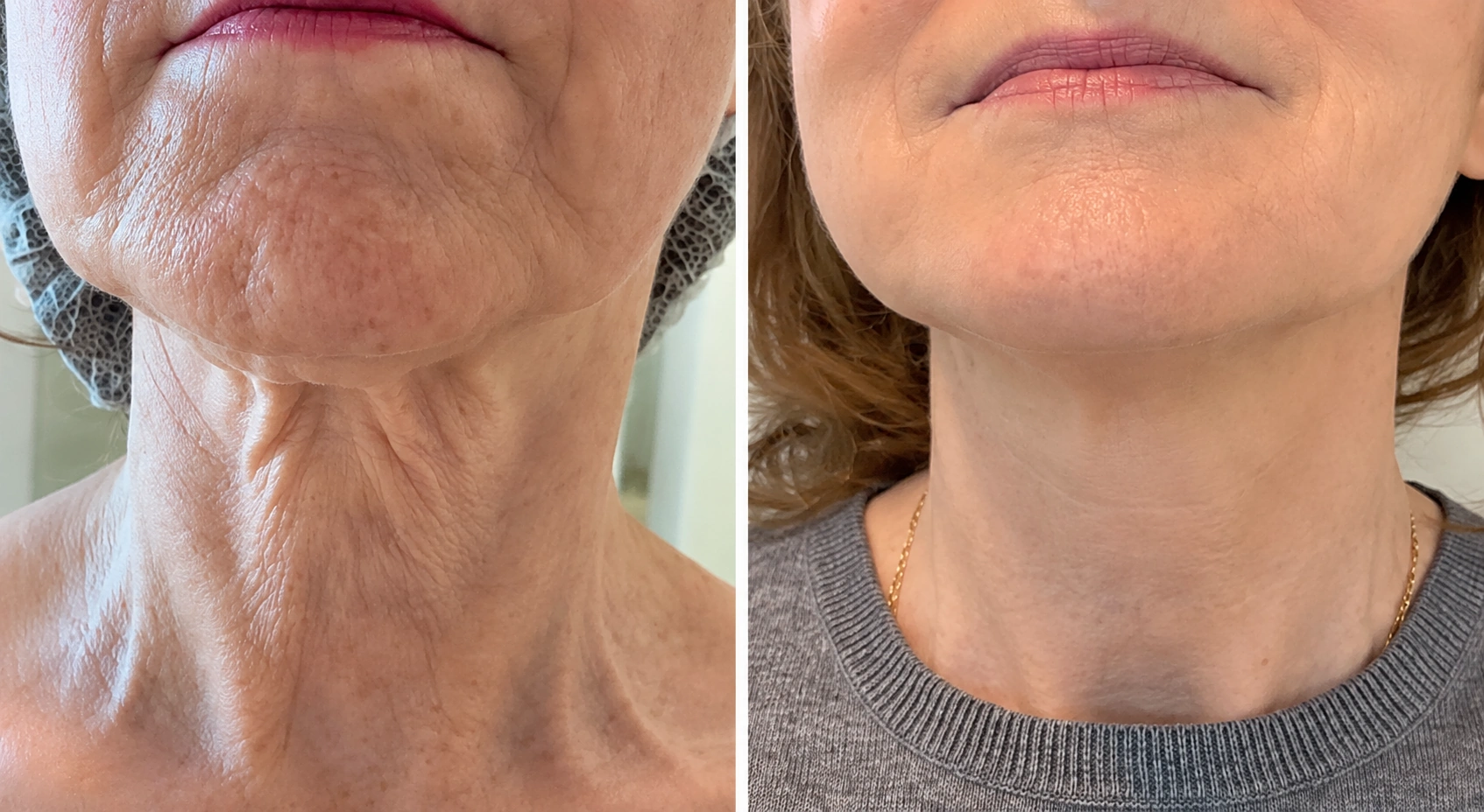 Before and after Morpheus8 RF Microneedling treatment for the neck at Dr Nyla Medispa in Mayfair, London